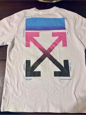 Off-White White Short Sleeve Tee with Blue, Pink & Black Graphic